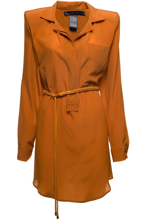 Orange Silk Dress With Padded Shoulders And Belt