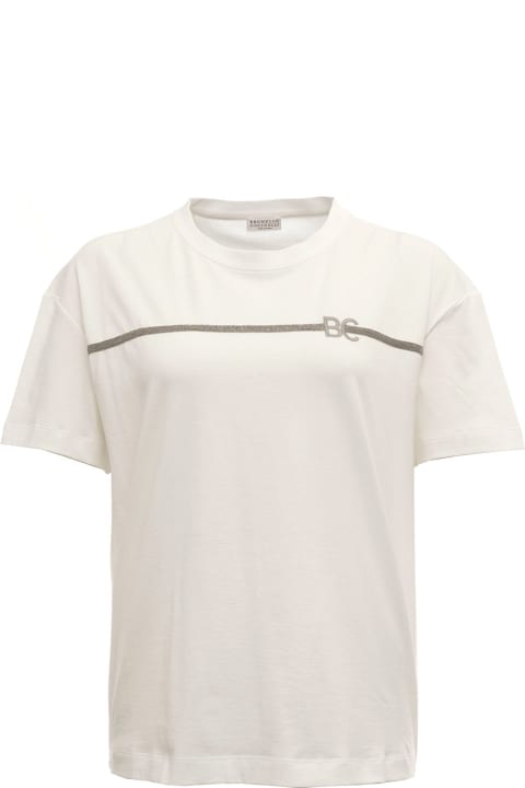 Brunello Cucinelli White Cotton T-shirt With Logo Insert - Grey