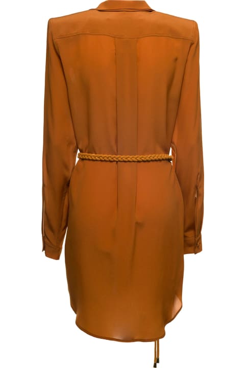 Orange Silk Dress With Padded Shoulders And Belt