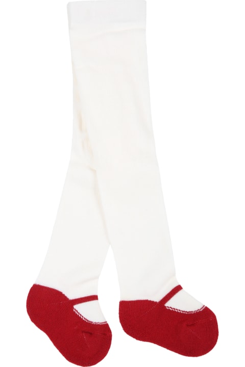 Story loris White Tights For Baby Girl With Red Ballet Flats - White