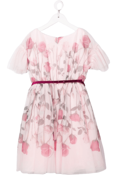 Monnalisa Pink Tulle Dress With Floral Print And Belt - Bianco/rosso