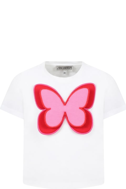 Simonetta White T-shirt For Girl With Butterfly - Crema-nero