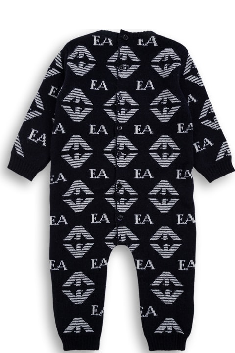 Emporio Armani Blue Wool And Silk Onesie With Allover Logo Print - Black