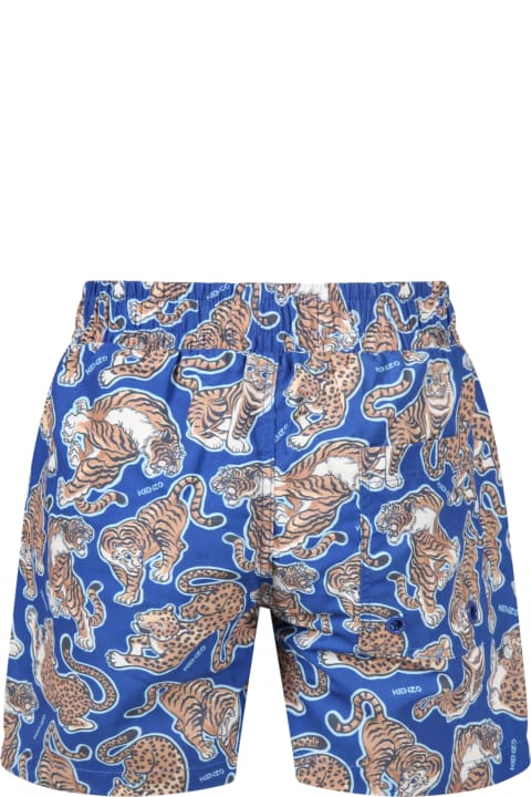Kenzo Kids Blue Swimshort For Boy With Tigers - Blu