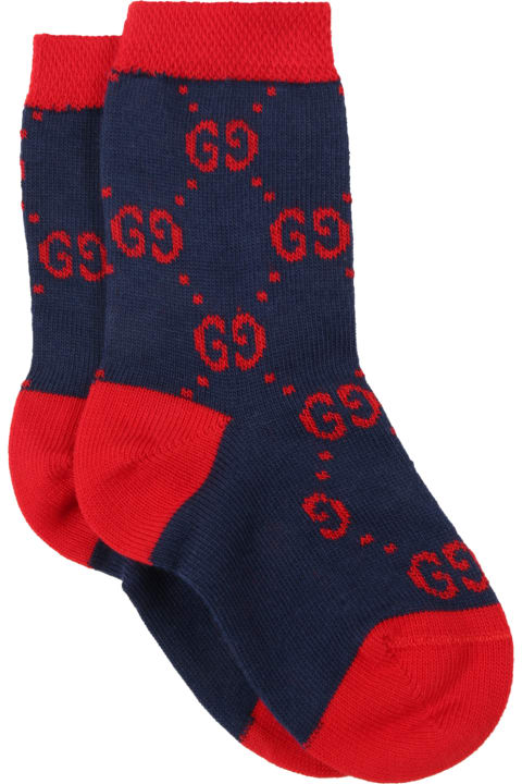 Gucci Blue Socks For Baby Boy With Double Gg - Avorio