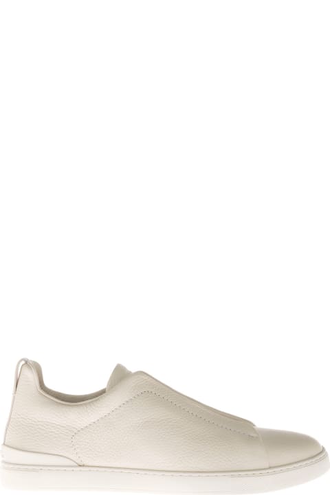 Ivory Colored Grained Leather Sneakers With Cross Laces