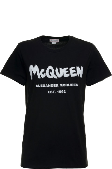 Alexander McQueen Black Cotton T-shirt With Logo Print - Black/white