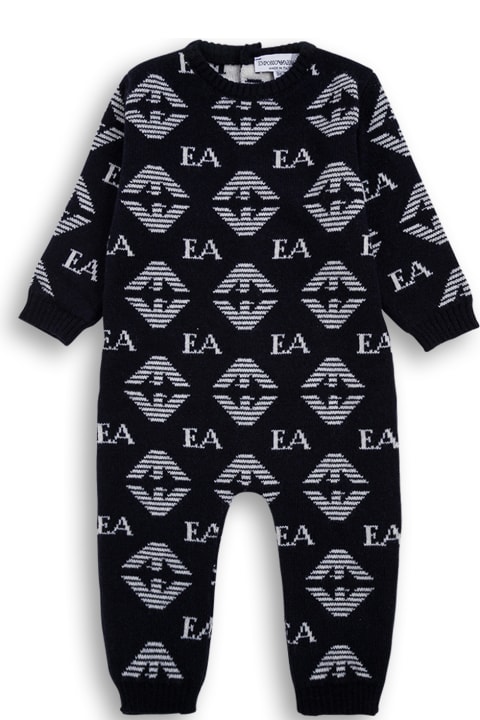 Emporio Armani Blue Wool And Silk Onesie With Allover Logo Print - Black