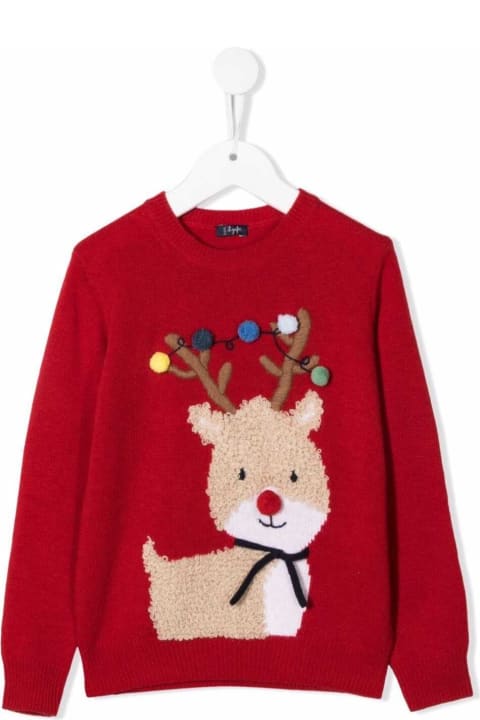 Il Gufo Red Wool Sweater With Christmas Reindeer Print - Blu