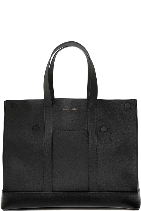 Black Leather Shopper Bag With Logo