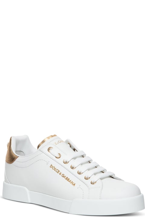 Dolce & Gabbana Leather Sneakers With Gold Colored Details - Black