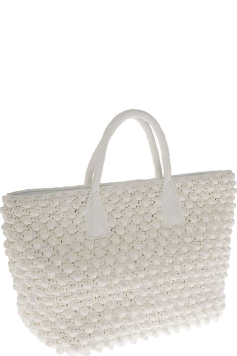 White Crochet Raffia Shopper Bag With Logo