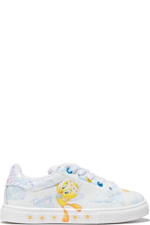 Monnalisa White Leather Sneakers With Tweety Clouds Print - Panna