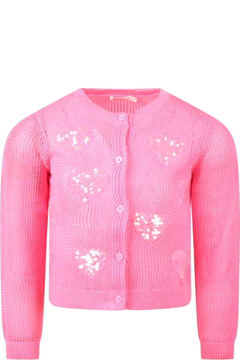 Fucshia Cardigan For Girl With Sequin Hearts