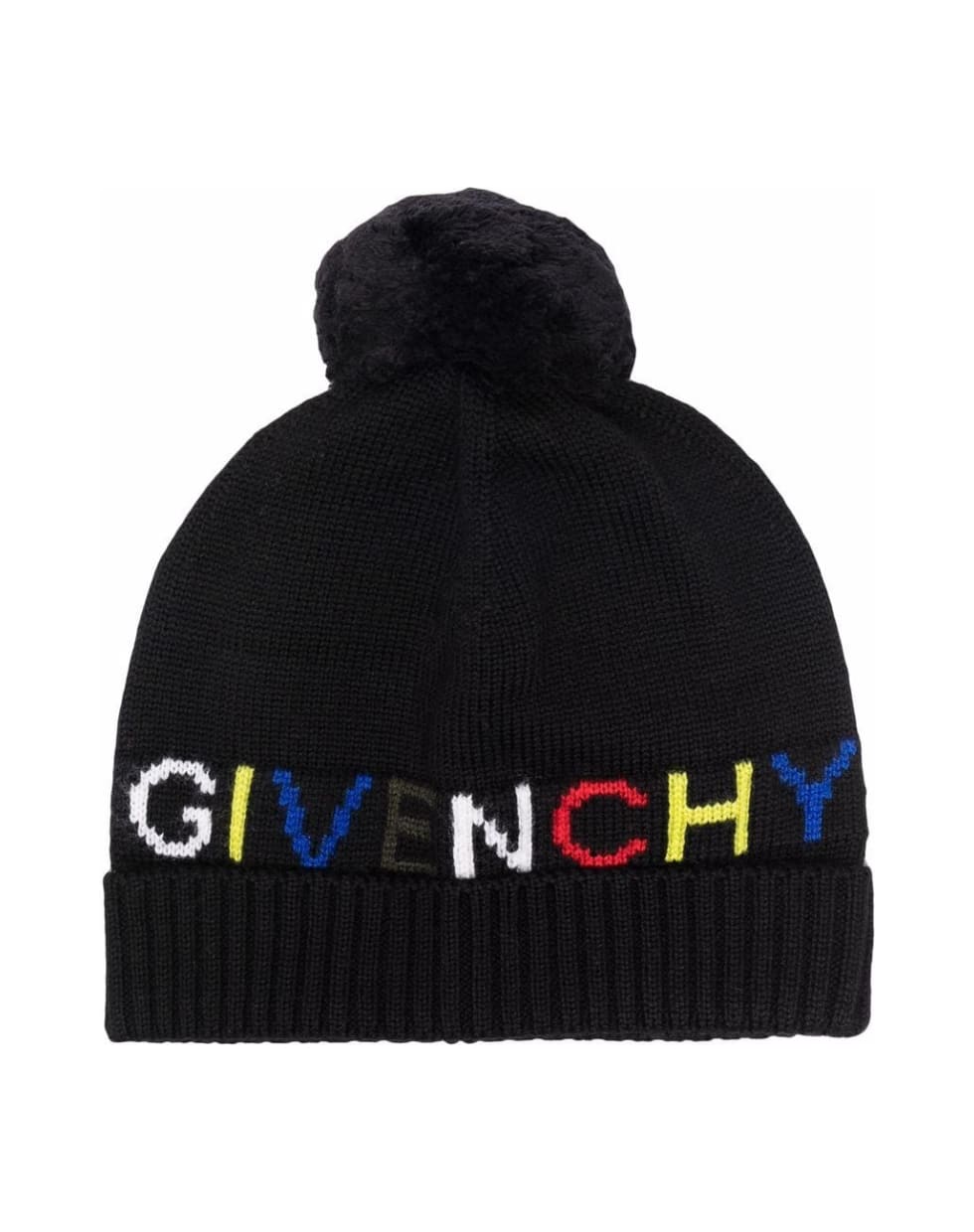 Givenchy Baby Black Hat With Pompon And Inlaid Multicolor Logo