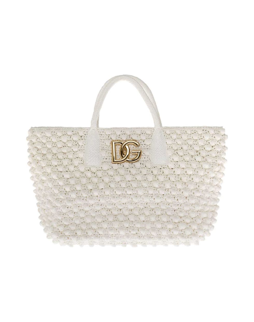 Dolce & Gabbana White Crochet Raffia Shopper Bag With Logo - White