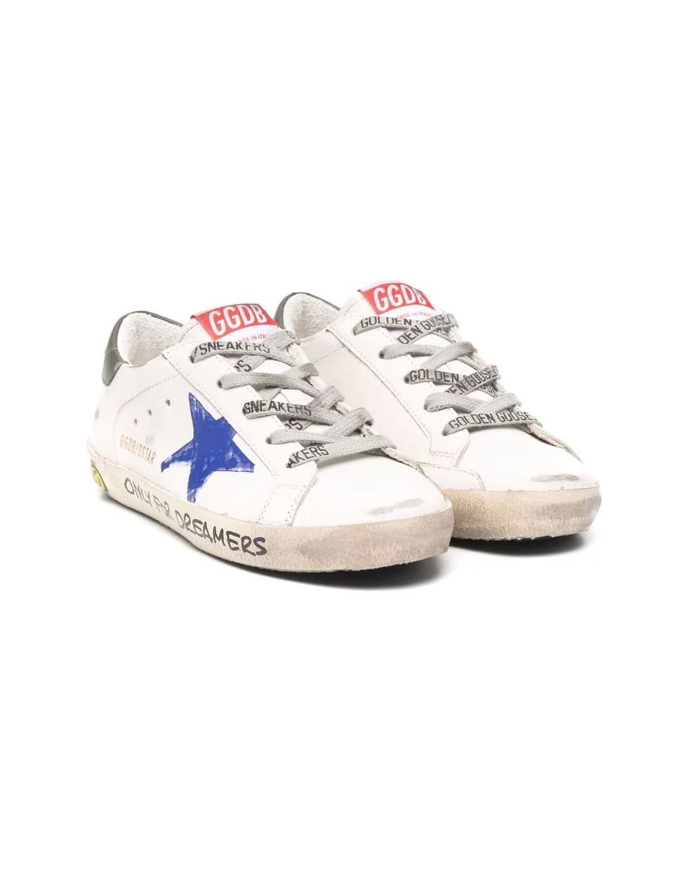 Golden Goose Junior White Super-star Sneakers With Blue Star And Black Spiler - Bianco e Blu