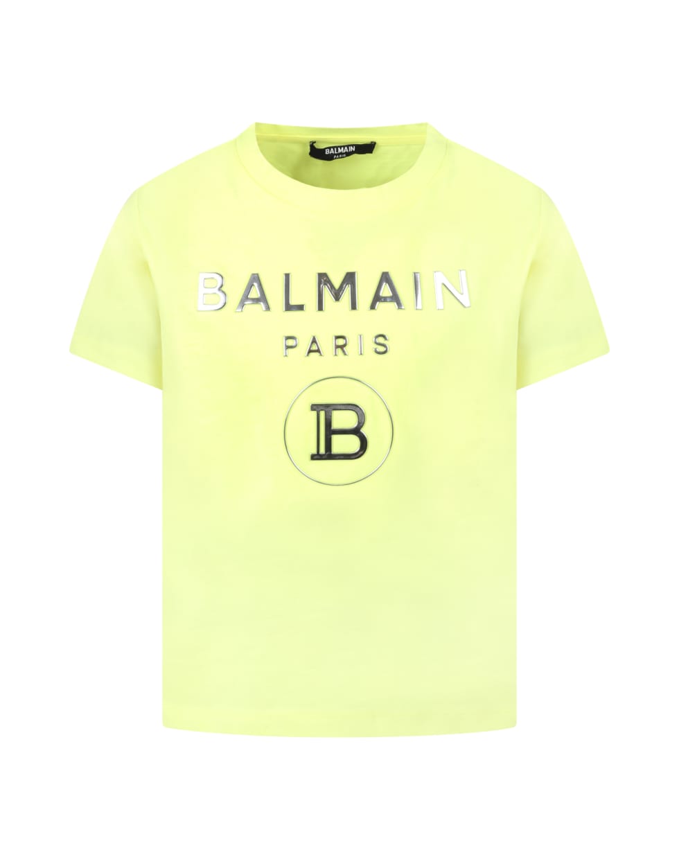 Balmain Neon-yellow T-shirt For Kids With Double Silver Logo - Yellow