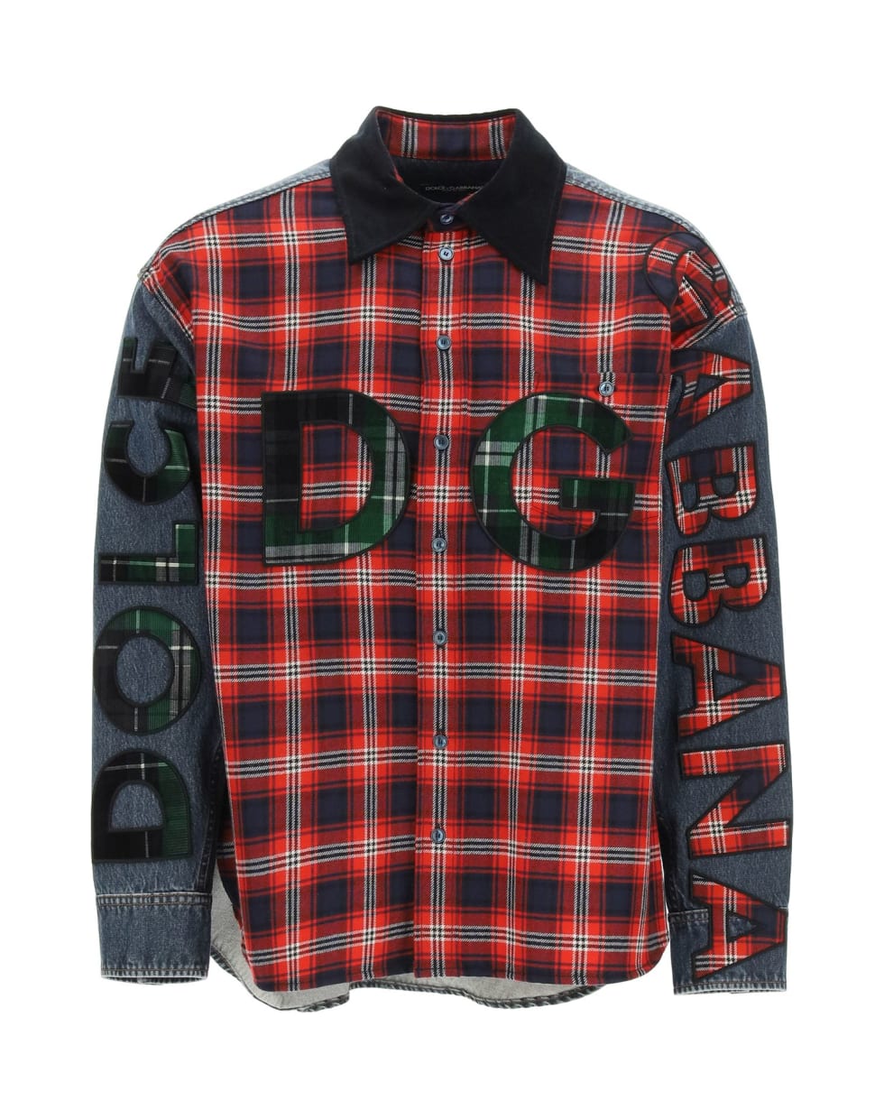 Dolce & Gabbana Oversized Denim And Flannel Shirt With Logo - BLUE/RED