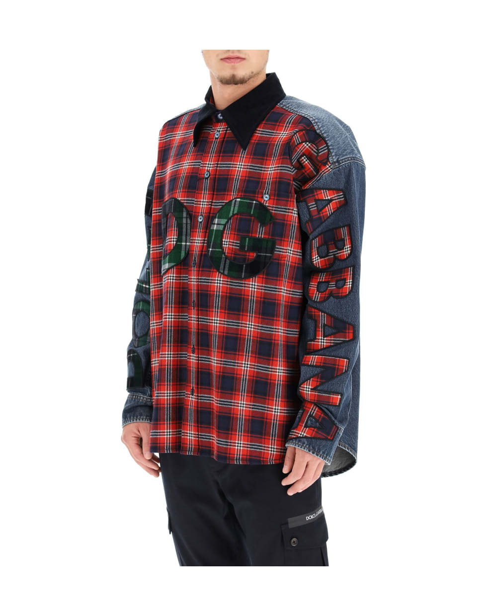 Dolce & Gabbana Oversized Denim And Flannel Shirt With Logo - BLUE/RED
