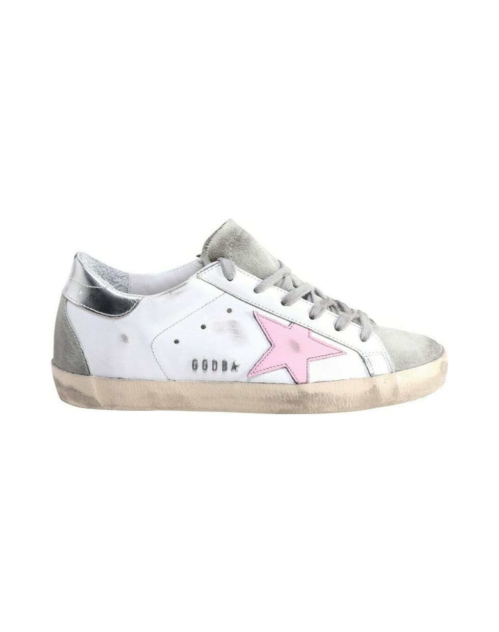 Golden Goose Super-star Leather Upper And Star Suede Toe And Spur Laminated Heel Metal Lettering - White Ice Orchidp Ink Silver