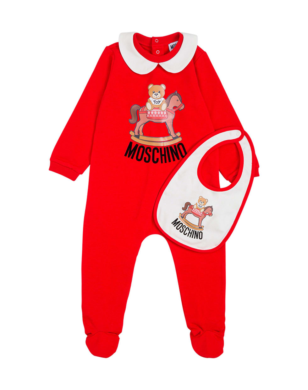 Moschino Red Cotton Romper And Bib Set With Teddy Bear Print - Red