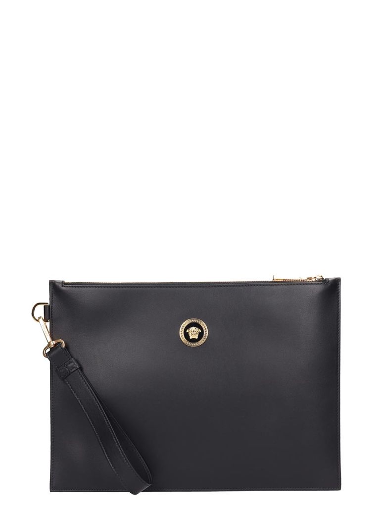 large black leather clutch bag