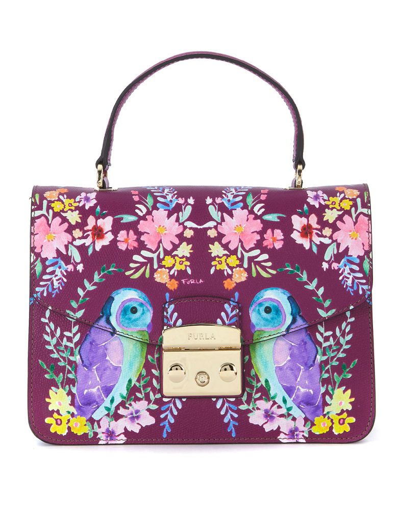 Furla Furla Metropolis M Purple Leather Handbag With Birds And Flowers ...