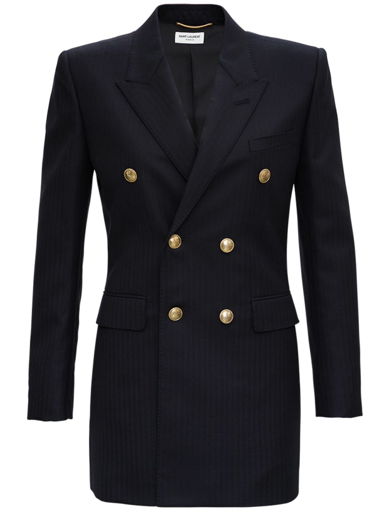 Saint Laurent Double-breasted Blazer In Wool Twill - Blu