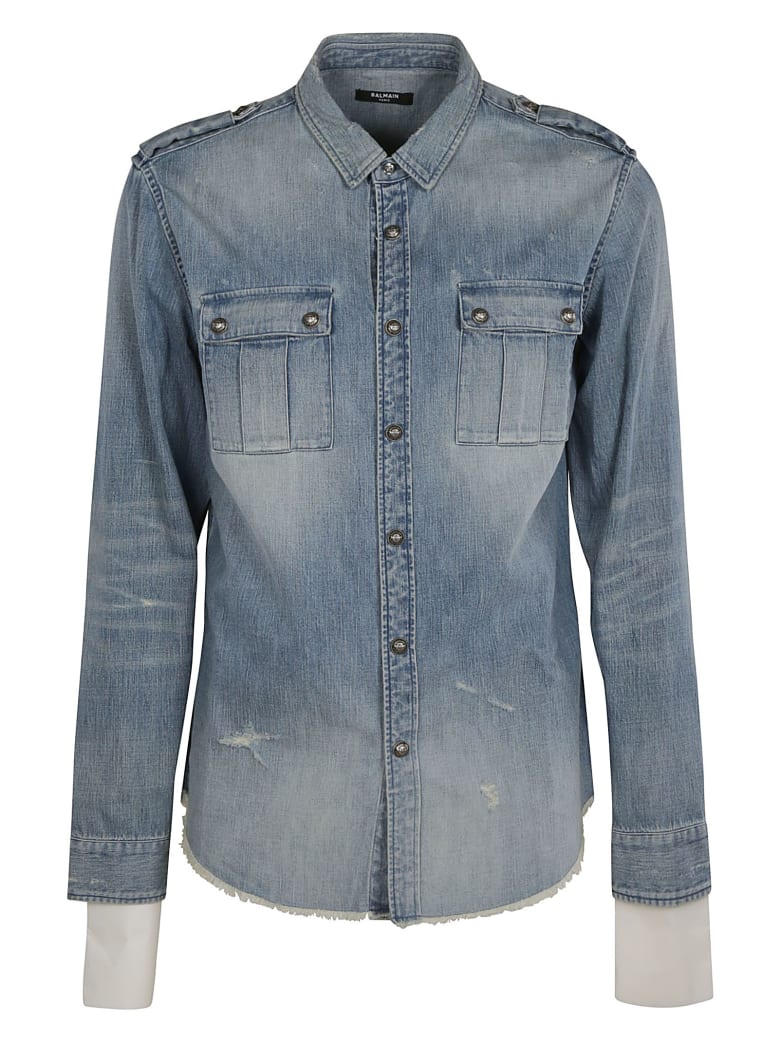 Balmain Rear Logo Distressed Denim Shirt - Denim