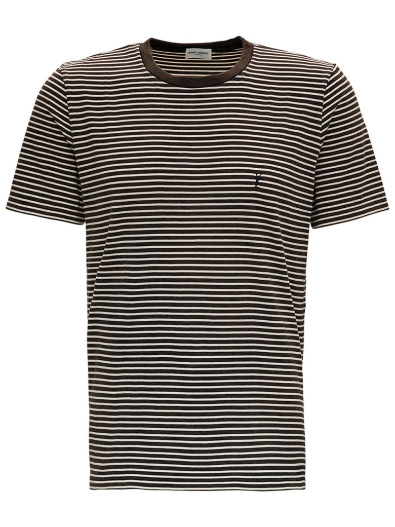 Saint Laurent Striped Cotton T-shirt With Logo - Brown