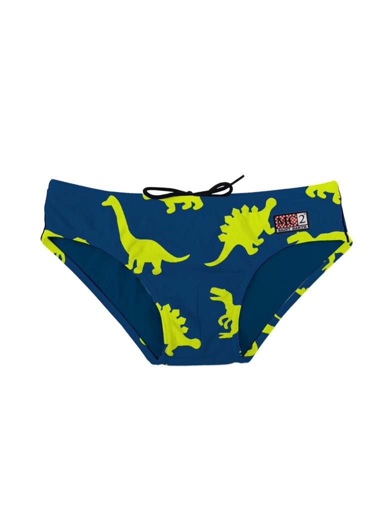 MC2 Saint Barth Blue Navy Boy Swim Briefs Yellow Fluo Dino Print