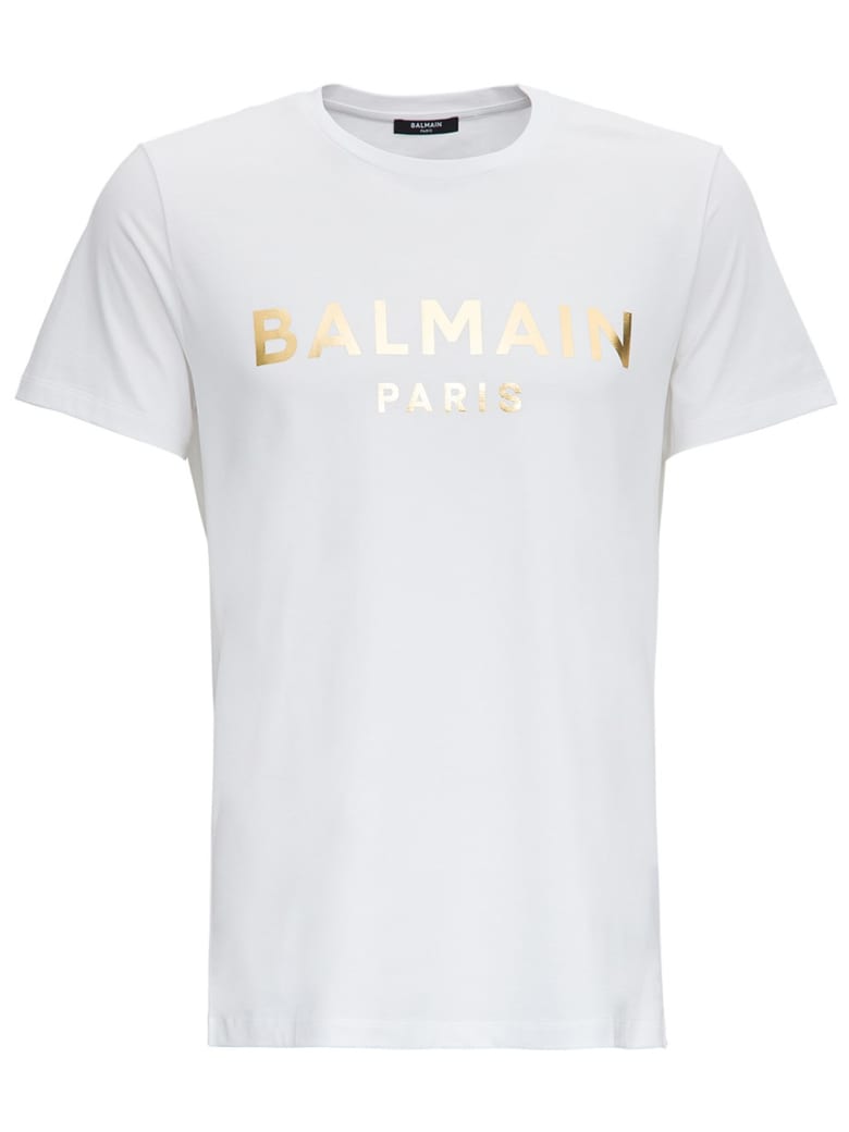Balmain Laminated Logo Tee In White Jersey - White