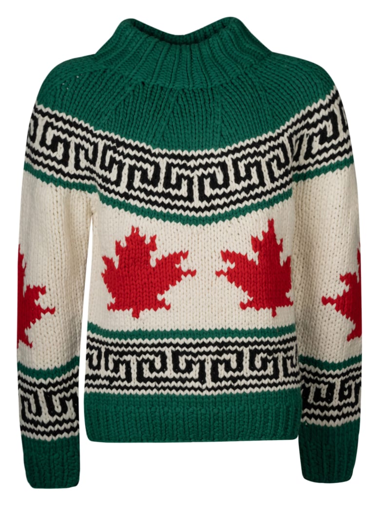 Dsquared2 Pattern Detail Rib Knit Sweater - Green/White/Red