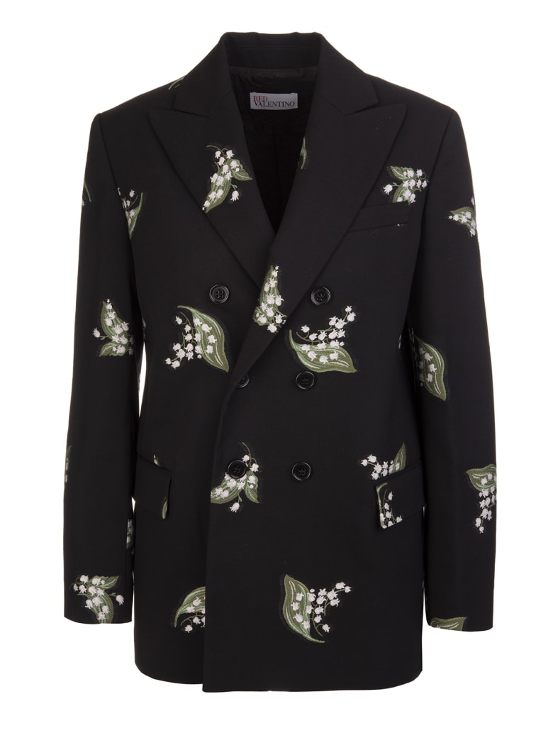 RED Valentino Black Double-breasted Blazer With Leaf Embroidery | italist