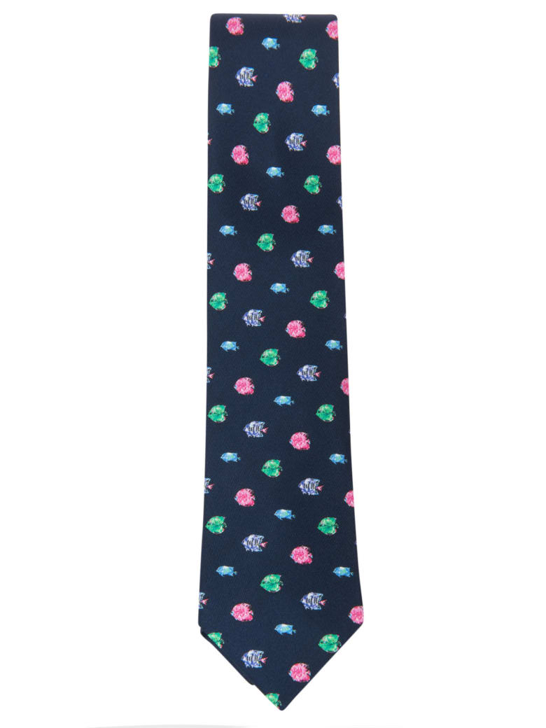 Eddy Monetti Fish Print Neck Tie - Blue/Multicolor