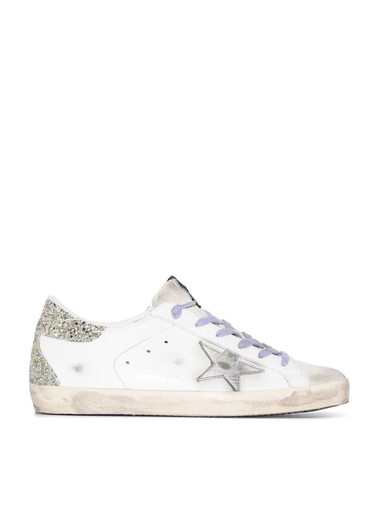 Golden Goose Woman White Super-star Sneakers With Lilac Laces, Silver Star And Gold Glittered Spoiler