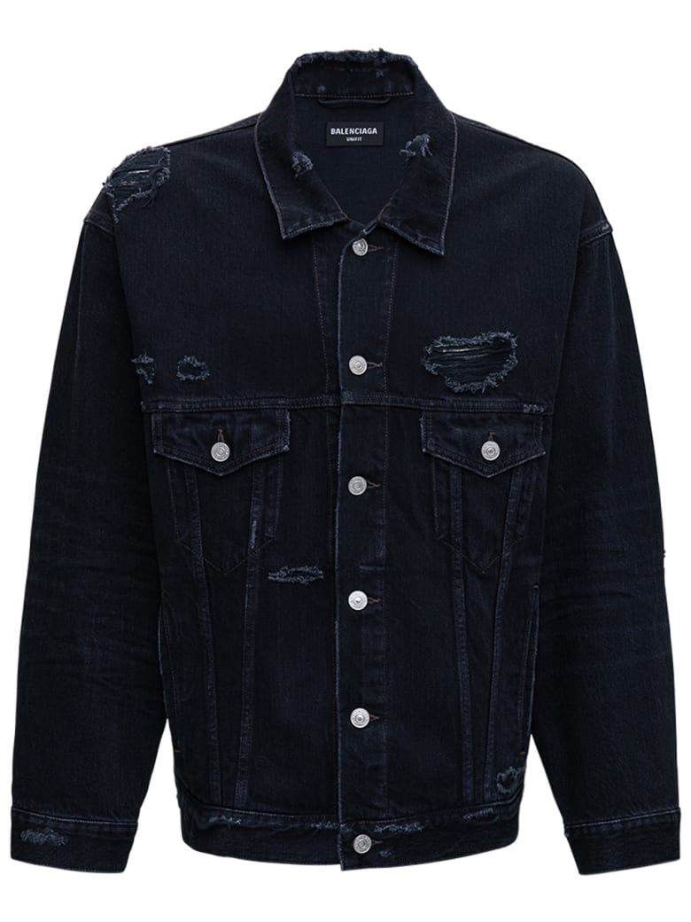 Balenciaga Barcode Black Denim Jacket With Tears Detail - Black