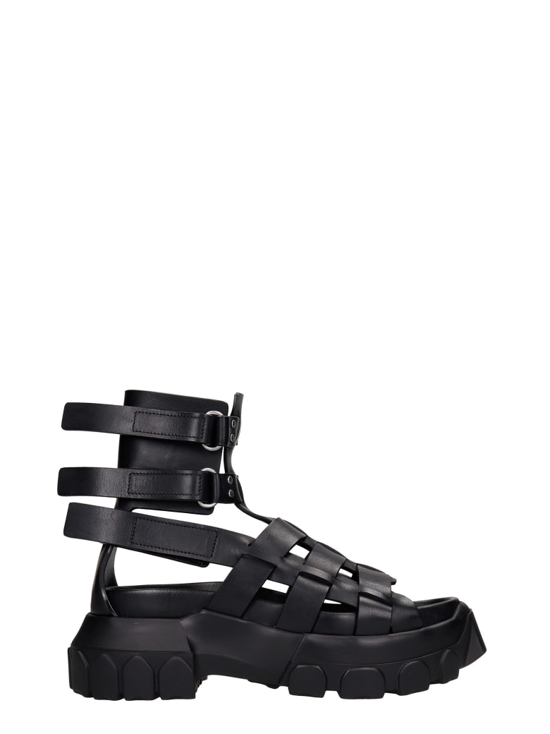 Rick Owens Hiking Track Flats In Black Leather - black