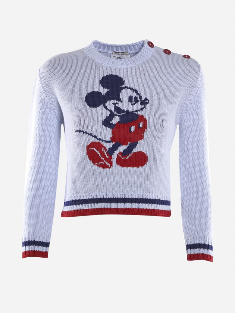 Miu Miu Cropped Wool Pullover With Mickey Mouse Intarsia - Lilac