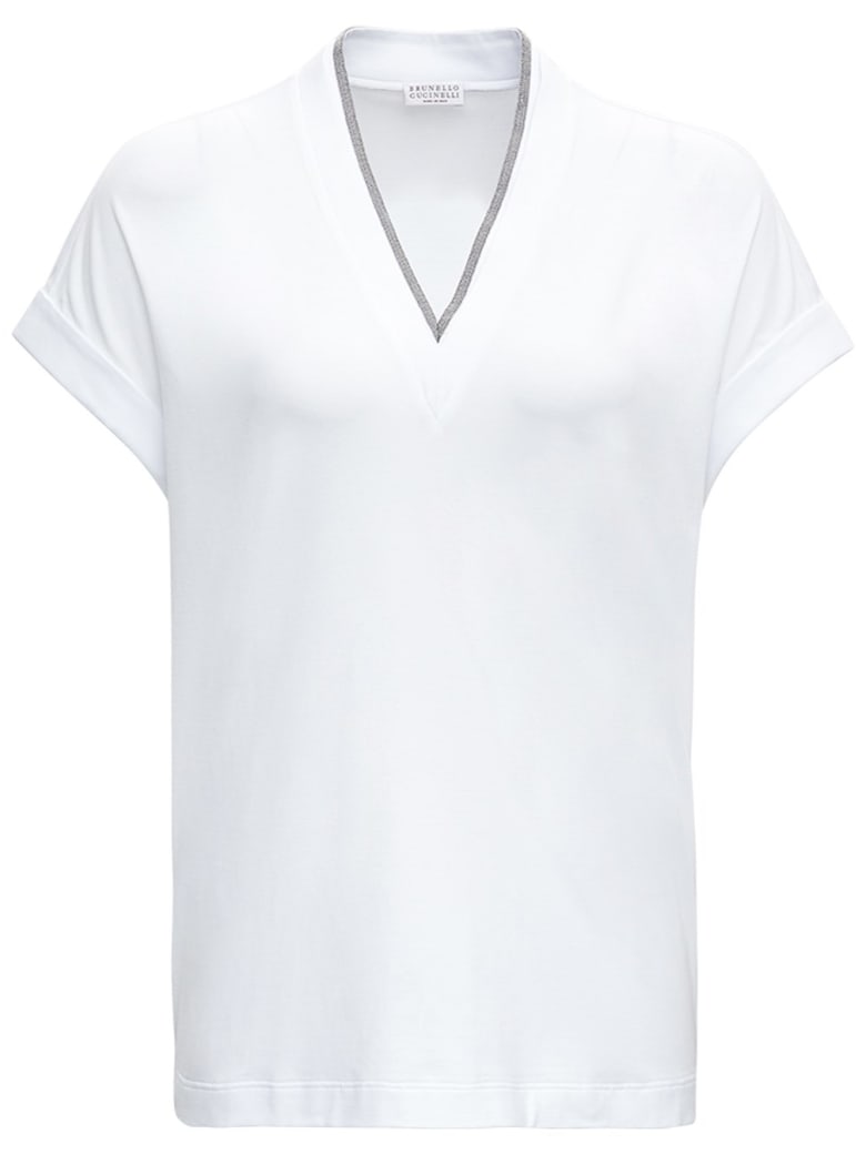 Brunello Cucinelli Monile V-neck Cotton T-shirt - White