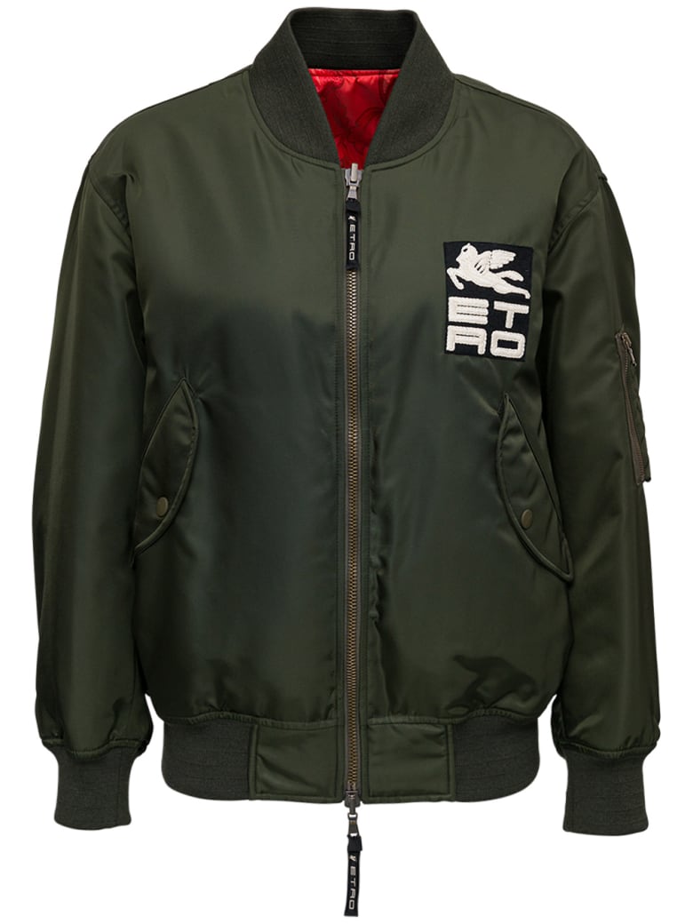 Etro Reversible Nylon Bomber Jacket With Logo - Green