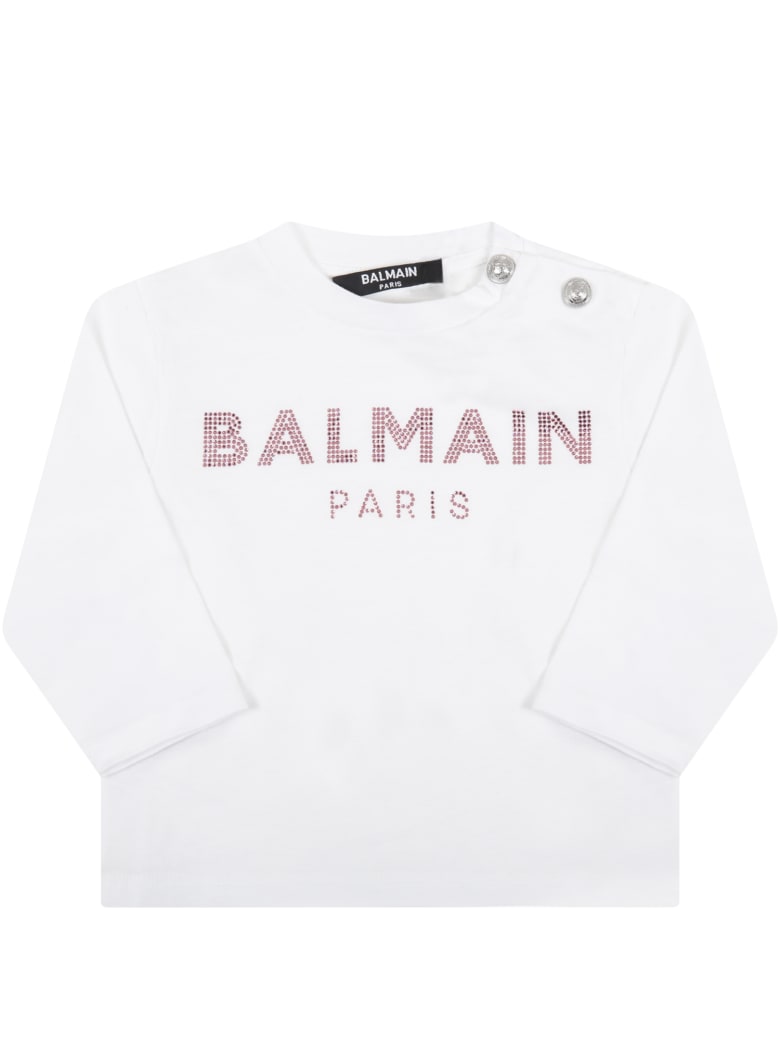 Balmain White T-shirt For Baby Girl With Logo - White