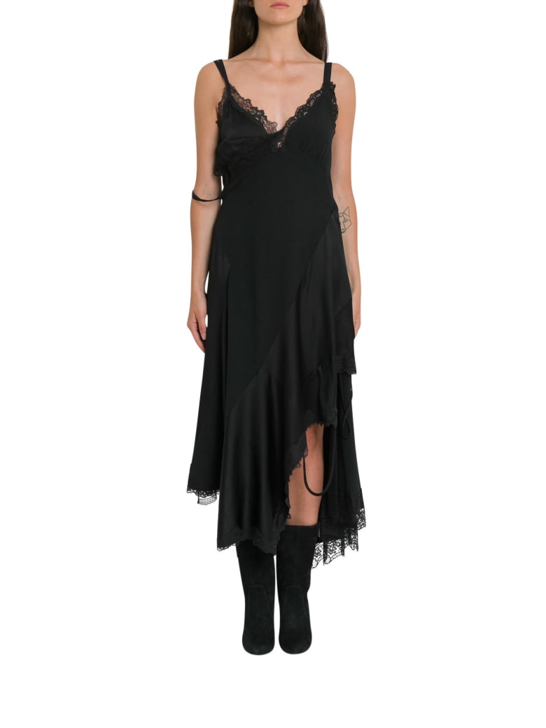 MONSE Asymmetric Lace Crepe Slip Dress - Black