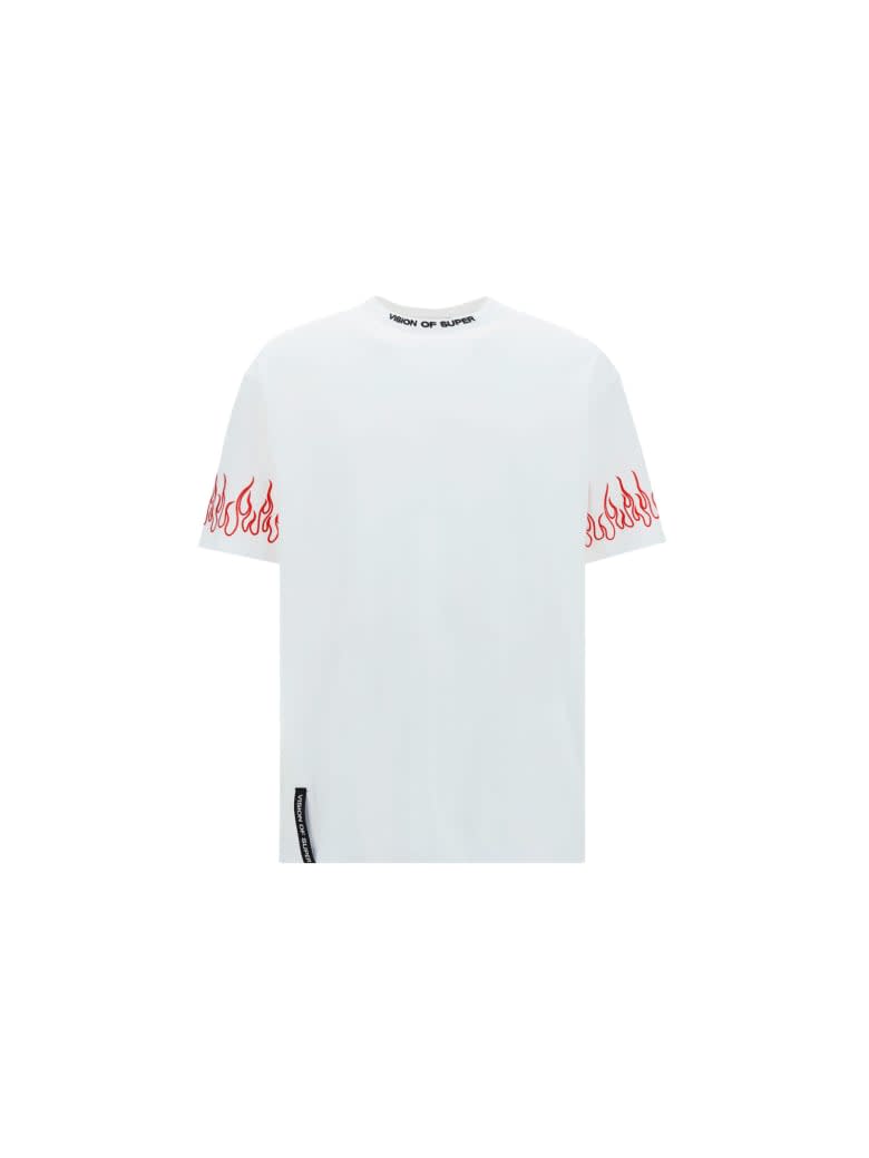 Vision of Super White Tshirt Embroidered Red Flame - WHITE