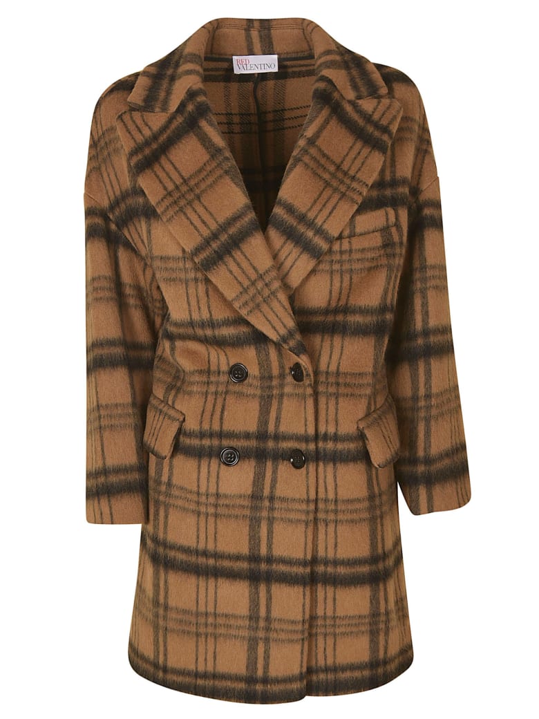 RED Valentino Double-breasted Check Coat - Camel