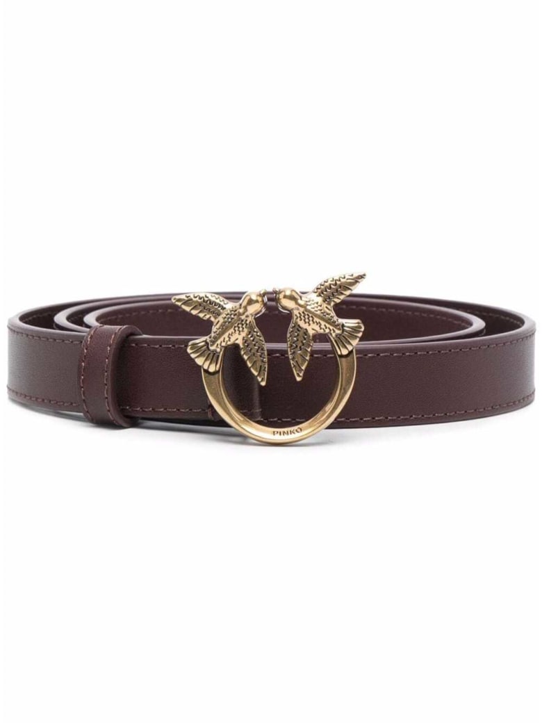 Pinko Love Berry Brown Leather Belt With Logo - Red
