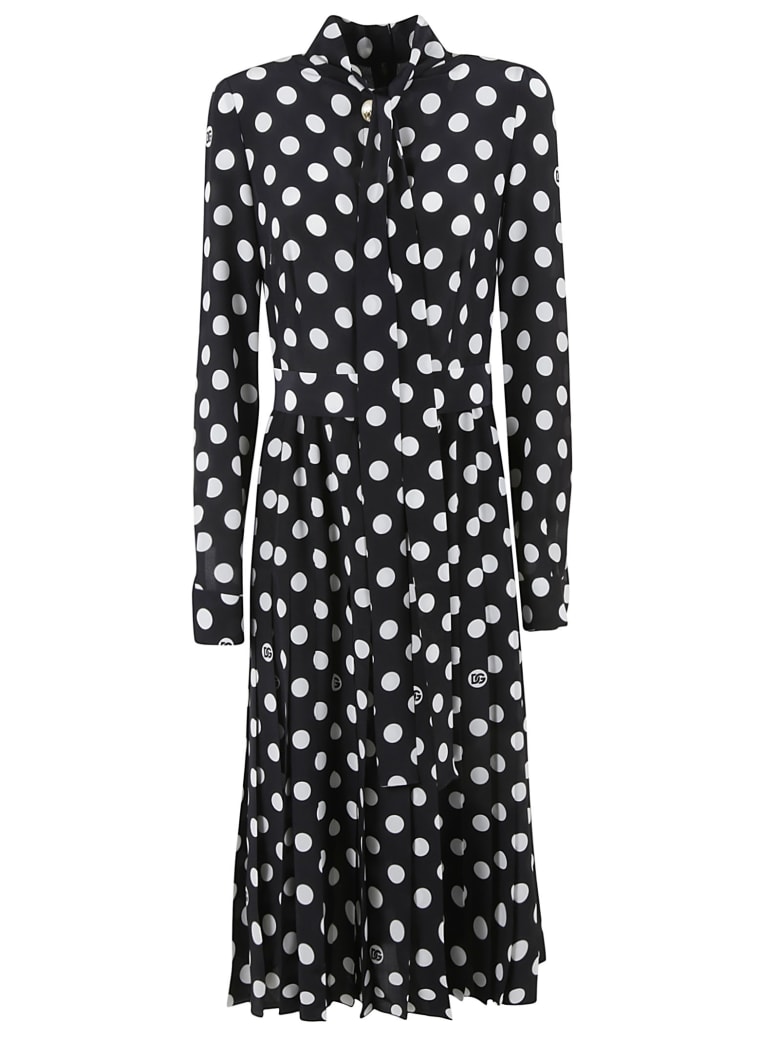 Dolce & Gabbana Polka Dot Pleated Long Dress - White/Black
