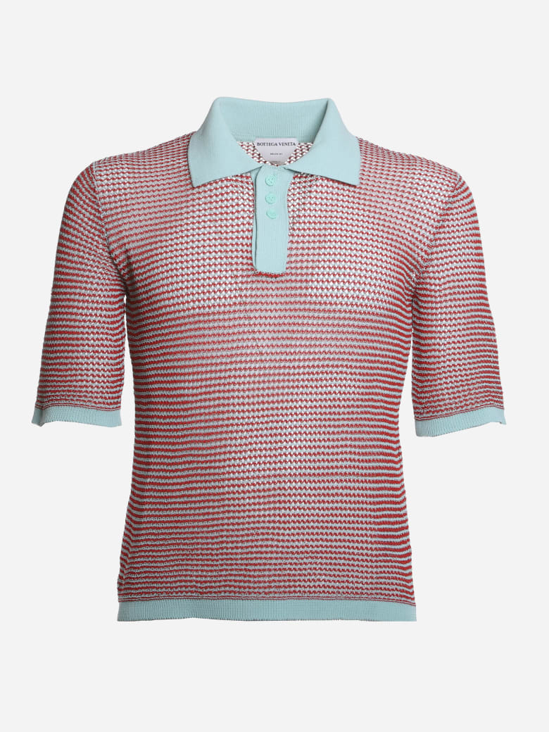 Bottega Veneta Loose Weave Polo Made Of Cotton - Red, light blue