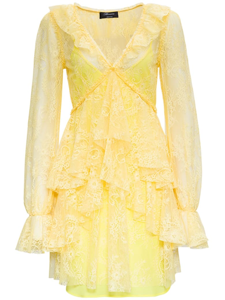 Blumarine Yellow Lace Dress With Ruffles Detail - Yellow